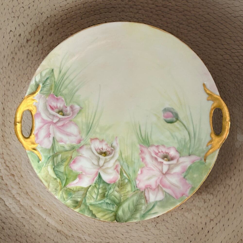 Vintage Hand Painted Pink Floral Cake Plate Tea Set Tray Germany Signed Harvey